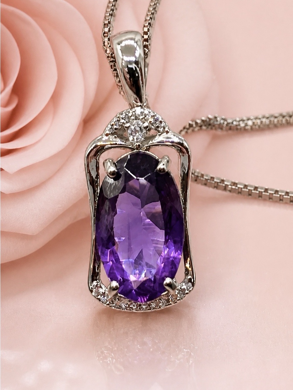 Gorgeous African Oval Amethyst. Rhodium over S925. Moissanite Accents. Brand new
